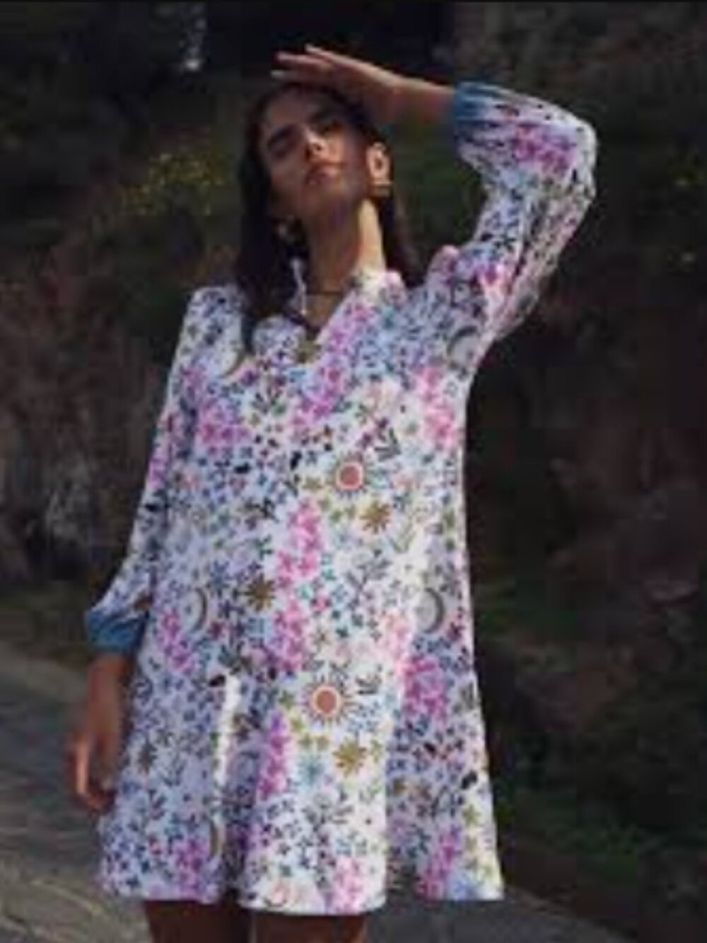 Smith & Quinn Hazel Floral Boho Long Sleeve V-Neck Pullover Mini Dress, Medium